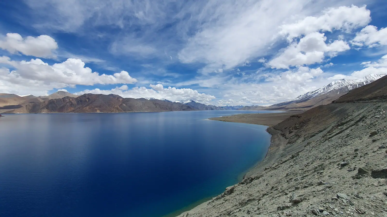 The deep blue waters of Pangong Tso beneath the mountains of Ladakh